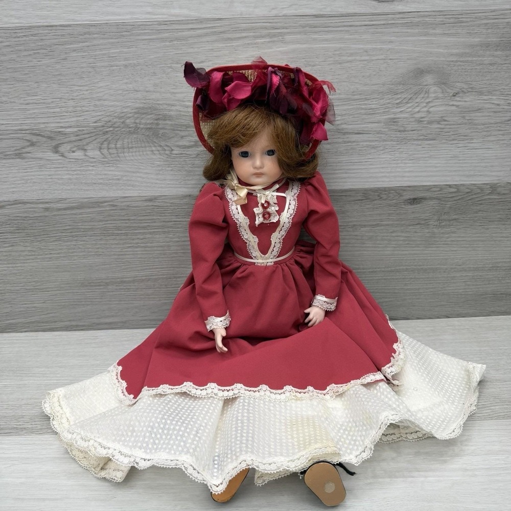 Vtg Victorian Style Porcelain Cloth Body Doll Brown Hair Blue Eyes Burgundy